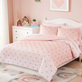 Wink Deer Kids Pink Bedding Sets, 7 Piece Queen Comforter Set with Sheets, Gold Heart Shaped Pink Cute Bedding for Girls, Queen Bed in a Bag(Queen, 90" X 90")