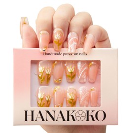Hanakoko Handmade Press-On Nails, Floral Designs with Glitter and Pearls, Coffin Shape Press-on Nails Reusable 10 Pcs (Tsuki, M)