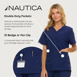 Nautica Women's Scrub Set, 9-Pocket Breathable & Stretchy Pants & Tops