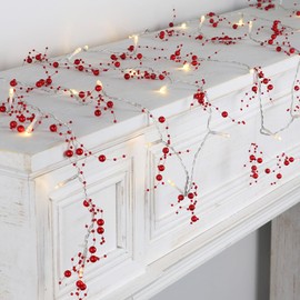 Rhytsing 14.7FT Red Berry Glarand with 36LED Lights, Battery Operated String Lights with Timer Function for Wedding Christmas Party Event Decoration