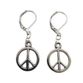 Peace Sign Drop Leverback Earrings, Miniature Peace Jewelry, Hippy, Peace Charm, Hippie, Woman Man Clip Earrings