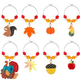 Sasylvia 8 Pieces Thanksgiving Wine Glass Charms Harvest Glass Markers Fall Wine Charms Rings Maple Leaf Pumpkin Acorn Glass Identifiers Wine Glass Tags for Stem Glasses Tasting Party Gift Decoration(Maple Leave)