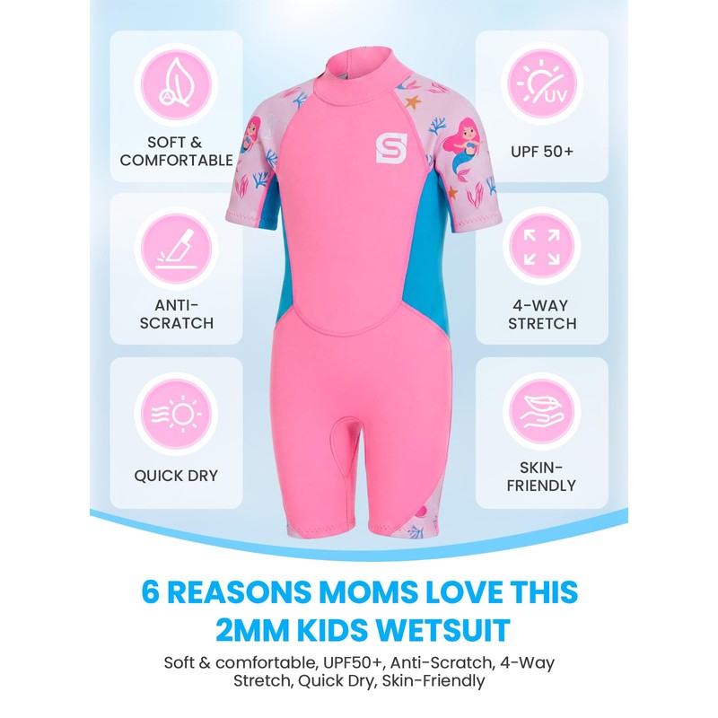 Kids Wetsuit for Girls, 2mm Thermal Neoprene Shorty Wet Suit