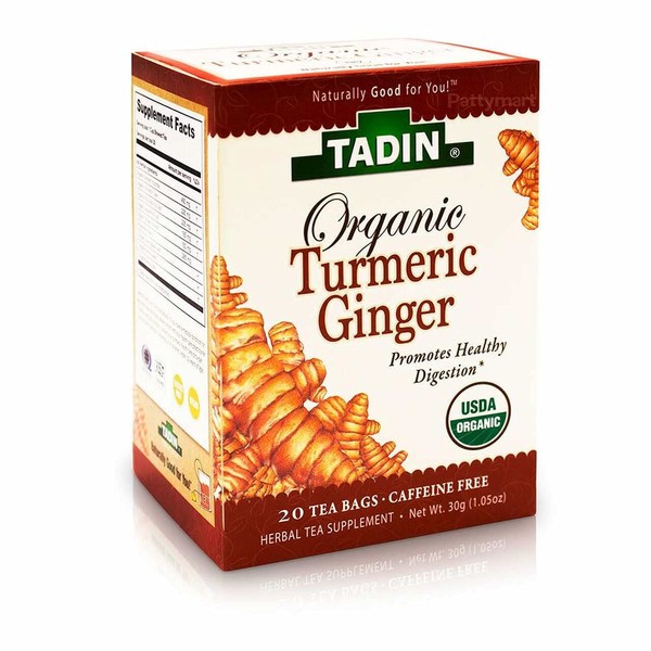 Tadin Organic Turmeric Ginger Herbal Tea. Immune System Booster. Digestive Health Supplement. Caffeine Free. 20 Teabags