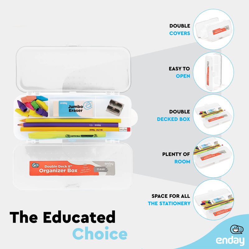 Enday Pencil Box Clear, Plastic Double Deck Pencil Case with