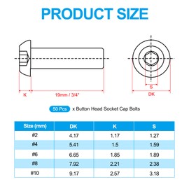 PATIKIL #6-32x3/4" Button Head Socket Cap Screws, 50 Pcs 304 Stainless Steel 18-8 Socket Cap Screw Bolts Allen Hex Drive Full Thread UNC