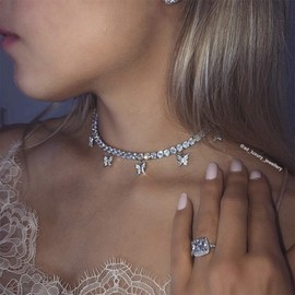 Doubnine Butterfly Necklace Choker Bling Iced CZ Tennis Chain Jewelry Gift for Women (silver)