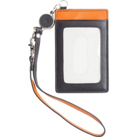 RafiCaro Women's Pass Case with Reel, Cowhide Leather, Commuter Pass Case, Employee ID Case, Bicolor IC Card, 1 Card Pocket, 2 Card Pockets, Leather, blackorange