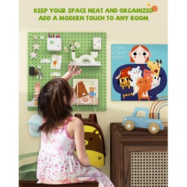 Soubeoii Metal Pegboard Combination Kit — 4 Carbon Steel Pegboards with 26 Accessories, Pegboard Wall Organizer for Home, Office, Study Room, Kitchen, Garage & Craft Room — 24″ × 24″ Green Peg Board