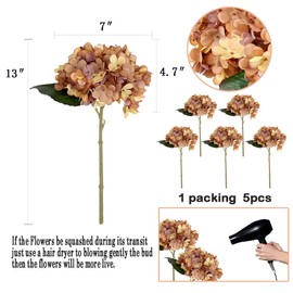 Blooming Paradise 5Pcs Artificial Fake Flowers Plants Silk Hydrangea 1 Flower Head Arrangements Wedding Bouquets Decorations Plastic Floral Table Centerpieces Home Kitchen Garden (Brown Yellow)