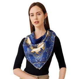 100% Seda de la mujer premium bufanda bufandas florales de impresión mano Rolled bordes con caja de regalo, azul, (Blue Classic), Grande