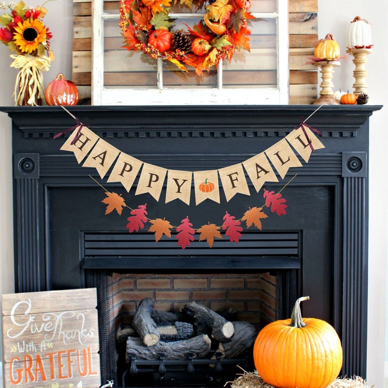 Uniwish Happy Fall Banner with Pumpkin Maple Leaves Sign Garland