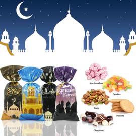 Ramadan Gift Bags with Gold Twist Ties,100 PCS Islamic Festival Cellophane Treat Bags Ramadan Eid Mubarak Mosque Castle Moon Star Goodie Cookie Bags Muslim Eid al-Adha Islam Eid Iftar Favor Bag