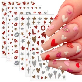 Nail Art Stickers - 6 Sheets 3D Glitter Shiny Flower Heart Love Starburst Star Lips Nail Stickers with Nail Design Gold Silver Red Sparkling Decals for Women Girls DIY Nails French Manicure Decoration