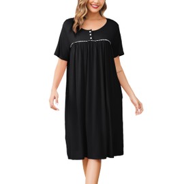 Vlazom Women's Nighties Button Front Long Nightdress Pleated Lace Nightgowns Luxury Soft Touch Nightgshirt with Pockets,Black,XL