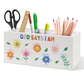 DUXMNAMG Christian Bible Verse Floral Pen Holder, Inspirational Office Pen Pencil Holder Organizer for Desk Accessories, God Says I Am Wooden Box Desk Decor for Girl Nursery Room Desk Decorations