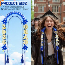 Dingion 2 Pcs 47 Inch Graduation Lei Necklace 2026 Ribbon Lei with Satin Flower Graduation Accessories for Men Women (Blue & White)