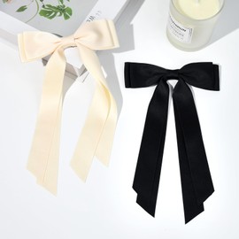 2PCS Silky Satin Hair Bows Hair Clip Beige Black Hair Ribbon Ponytail Holder Accessories Slides Metal Clips Hair Bow for Women Girls Toddlers Teens Kids