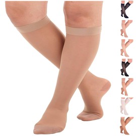 Made in USA - Compression Knee High for Women 15-20mmHg - Sheer Compression Support Stockings for Circulation during Flight, Travel, Airplane - Beige, Medium - ATRAVEL101BE2