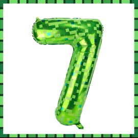Pixel Number Balloons, 40 Inch Green Large Foil Balloons Game Theme Party Decorations for Anniversary Birthday Kids Boys Girls (Number 7)