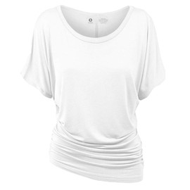 CLOYA Womens Short Sleeve Boat Neck Side Shirring Dolman Drape Top (S, White)