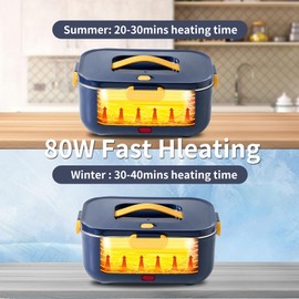 Meng Ke'en Electric Lunch Box 80W/2L Detachable Stainless Steel Container 12V/24V/110V Electric Lunch Box Portable Food Warmer (BlueDouble Compartments)