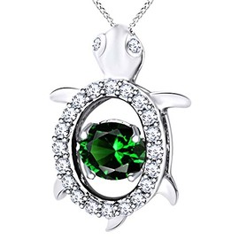 AFFY Oval Cut Simulated Green Emerald with White Sapphire Turtle Pendant Necklace in 14K White Gold Over Sterling Silver