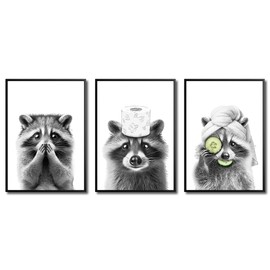 JINZUNRUI Bathroom Decorative Pictures, Black and White Bathroom Poster A4 Wall Pictures, Funny Raccoon Toilet Wall Decoration, Canvas Bathroom Pictures, Without Frame