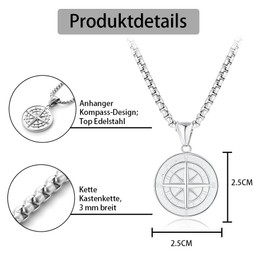 Men's / Women's Necklace, 316L Stainless Steel, Chain Men's Necklace with Compass Pendant Necklace, Plated Men's Jewellery, Birthday, Anniversary, Valentine's Day Gifts for Father, Husband, Friends,