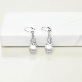Pearl Earrings for Women 925 Sterling Silver Irish Celtic Knot Hoop Earrings Leverback Jewellery Gifts for Mum Mother Girls Friends, Sterling Silver