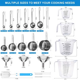 Measuring Cups and Spoons Set 22 Piece, 11 Stainless Steel Nesting Measuring Spoons and Cups with 4 Plastic Measuring Cup, 3 Funnel, 3 Brush, 1 Ruler, Measuring Cup Set for Kitchen Baking Liquid Dry