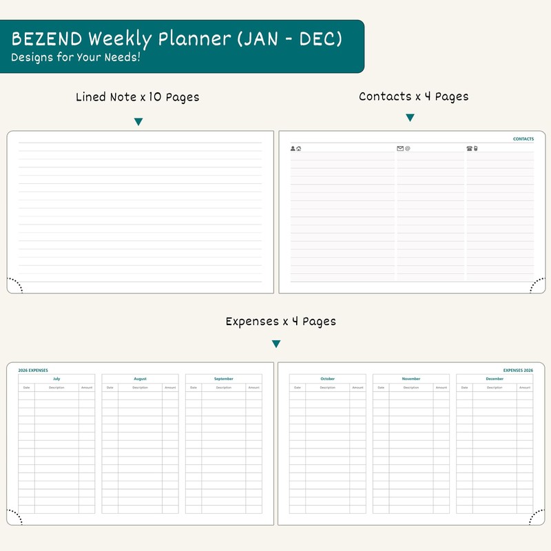 BEZEND Agenda 2026 Weekly and Monthly (9" x 5.5") Horizontal