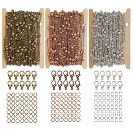 THREENEST 49-Feet Satellite Chains with Beads for Jewelry Making Set, with 30 Lobster Clasps+150 Jump Rings, Cable Link Craft Chain Findings for Necklace Bracelet DIY(Copper+Bronze+Rhodium)