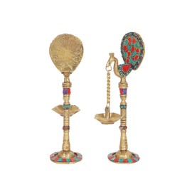 Two Moustaches Gemstone Work Peacock Design 9 Inches Brass Hanging Diya Pair, Brass Diyas for Decoration, Brass Oil Lamp, Brass Diya for Puja, Housewarming Gifts, Standard, Pack of 2