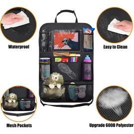 Car Backseat Organizer with 10" Tablet Holder - 9 Storage Pockets & Kick Mats - 2 Pack Seat Protector for Kids/Toddlers, Travel Accessories (Black)