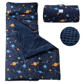 PHF Toddler Nap Mat with Removable Pillow and Minky Fleece Blanket, Rollup Design Warm Slumber Bags for Boys, 50"x20"x2" Kids Sleeping Bag for Daycare Preschool Travel Camping, Space
