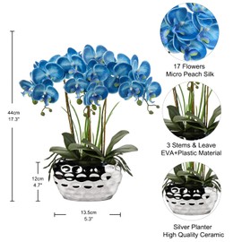 Briful Orchids Artificial Flowers 18" Blue Phalaenopsis Large Orchid with Silver Ceramic Pots Fake Orchid Flower for Home Office Bathroom Living Room Table Decoration