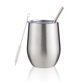 FristChoice 12 oz Insulated Wine Tumbler with Lid and Straw,Stainless Steel Stemless Wine Tumbler Glasses Double Wall Vacuum Wine Cups Tumbler for Coffee,Champaign,Cocktail,Office（Silver,1）
