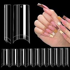 LIONVISON 500 Puntas de Uñas Sin Curva C, Puntas de Uñas Cuadradas Largas, 10 Tamaños, Media Cubierta, Uñas Artificiales, Rectas, Cuadradas, Francesas