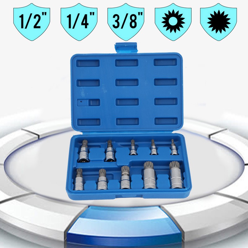 10Pcs 12 Point Triple Square Splined Bit Socket Set M4-M18