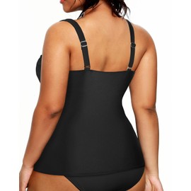 Yonique Women Plus Size Tankini Top Only Tummy Control Bathing Suit Top V Neck Swim Top No Bottom, Black, 16 Plus