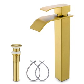 YardMonet Gold Vessel Sink Facuet, Brushed Gold Tall Bathroom Sink Faucet Waterfall Bathroom Faucet for Vessel Sinks Single Handle Bathroom Vanity Faucet