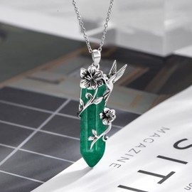 Plesitep Hummingbird Necklace 925 Sterling Silver Healing Crystal Natural Hexagonal Green Quartz Hummingbird Pendant Necklace for Women