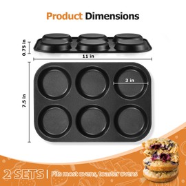E-far Muffin Top Pan Set of 2, Nonstick 6-Cavity Shallow Cupcake Pan for Baking Whoopie Pie, Yorkshire Pudding, Eggs, Cornbread, Drop Cookies, Easy Release & Clean, 3-Inch Standard Size