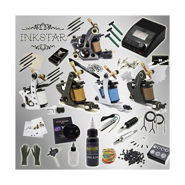 Complete Tattoo Kit Inkstar Ace C 5 Machine Gun Power Supply and Radiant Colors Pro Black Ink (218 PCS)