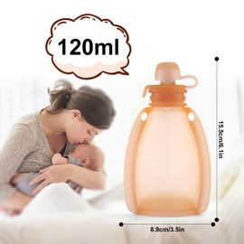 Baby Food Pouch, Silicone Reusable Squeeze Pouches for Kids BPA-Free Baby Feeding Pouch for Self-Made Fruit Puree Juice Yogurt 120ml (Orange)