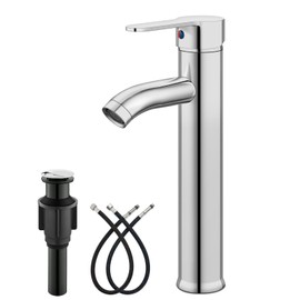 gotonovo Vessel Sink Faucet Modern Bathroom Faucet 1 Hole Deck Mount Lavatory Vanity Single Handle Mixer Tap with Water Supply Hoses and ABS Pop Up Drain Without Overflow, Polish Chrome
