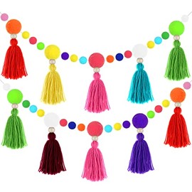 2 Pieces Rainbow Pom Pom Tassel Garland Colorful Pompom Boho Banner Wall Hanging Boho Tassel Garland Rainbow Pom Pom Banner Hanging Tassels Decor for Classroom Home Nursery Baby Shower Party Supplies