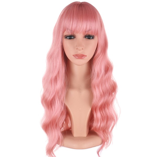 SYMEIW Pink Hair Wavy Wigs With Bangs For Women Synthetic