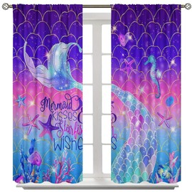 Mermaid Curtains for Girls Bedroom Kids Fish Rainbow Colourful Princess Ocean Theme Bedroom Curtains, Blue Mermaid Tail Window Treatments 42 x 45 Inch Blackout
